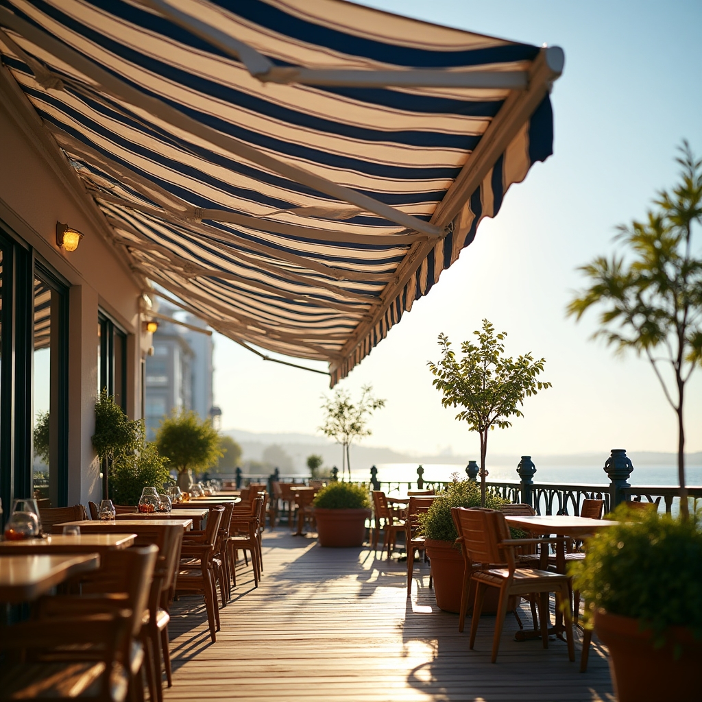 Czysta markiza nad tarasem restauracji w słońcu