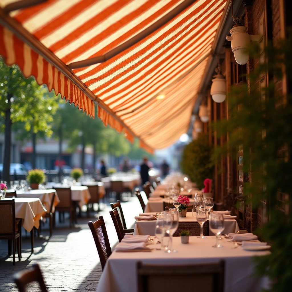 Taras restauracji z czystą markizą nad stolikami