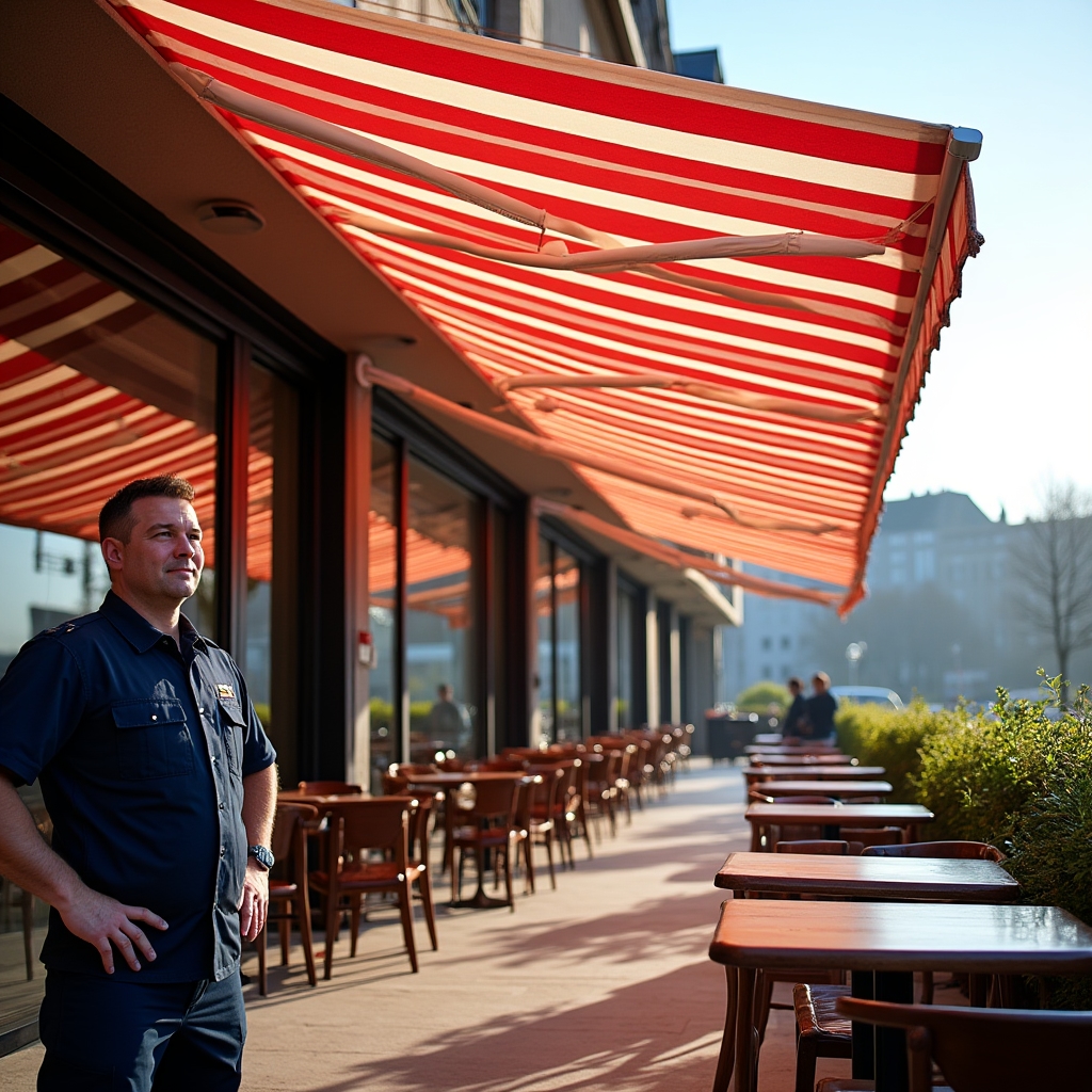 Taras restauracji z czystymi markizami gotowymi na przyjęcie gości